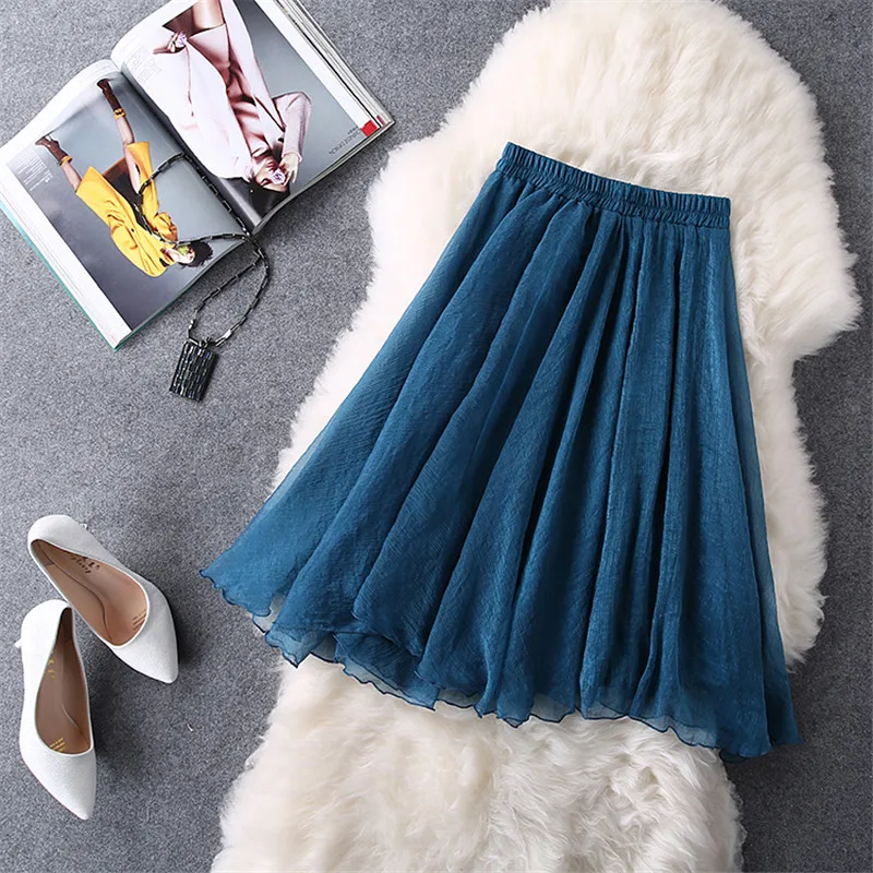 

2016 New Spring Summer Tulle Skirts Women Faldas High Waist Midi Knee Length Chiffon Elastic Waist Grunge Female Tutu Skirts