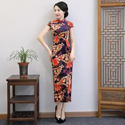 Китайский классические женские длинные бархатные Cheongsam пикантные с цветочным принтом Qipao воротник-стойка ручной работы и пуговицы платье