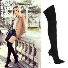 Le Plus Chaud 2017 En Daim En Cuir Mince Stiletto Haut Talons Femme Over-the-genou Bottes Pointu Orteil Glissière Femme Celebrity Long Bottes