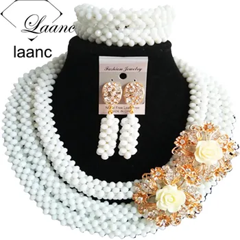

Laanc Chunky White Crystal Nigerian Beaded Wedding Necklace African Beads Jewelry Set Women AL591
