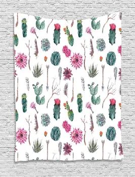 

Cactus Decor Tapestry Vintage Botanical Pattern Arrows Feathers Succulent Twigs Hawaii Spring Tropic, Wall Hanging