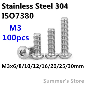 

100pcs/lot ISO7380 M3 Stainless screws Hex Socket Button Head Screws M3*6/8/10/12/16/20/25/30mm mushroom head screw