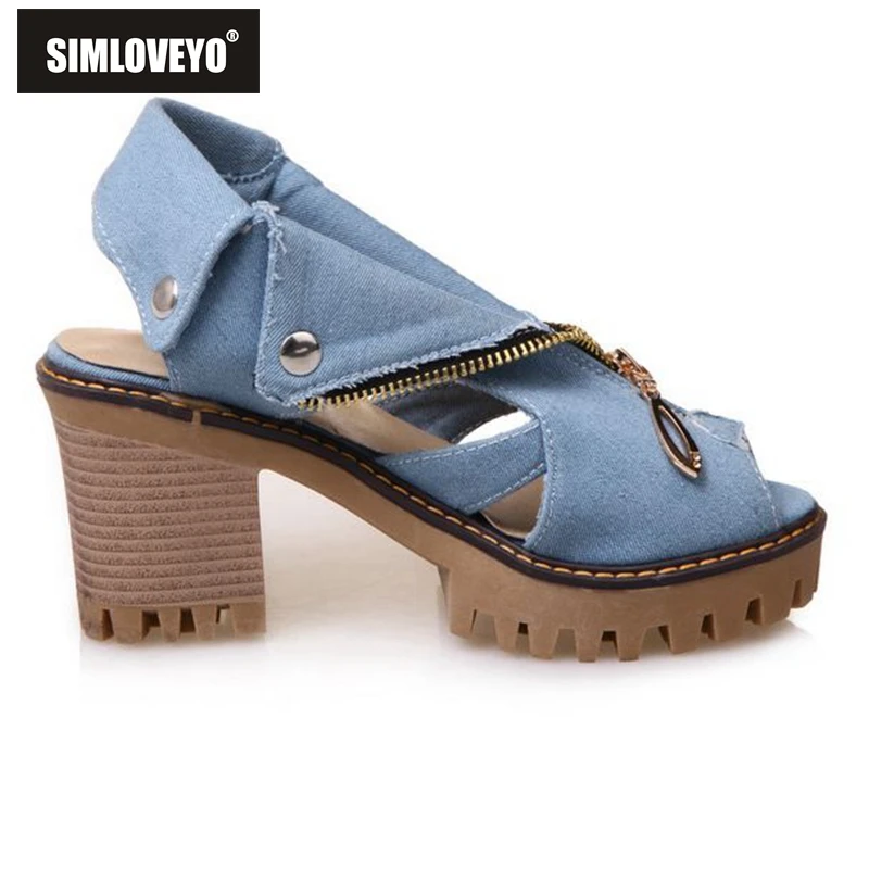SIMLOVEYO The of denim with fish mouth women sandals high heels women's zipper large size non slip shoes QL1139