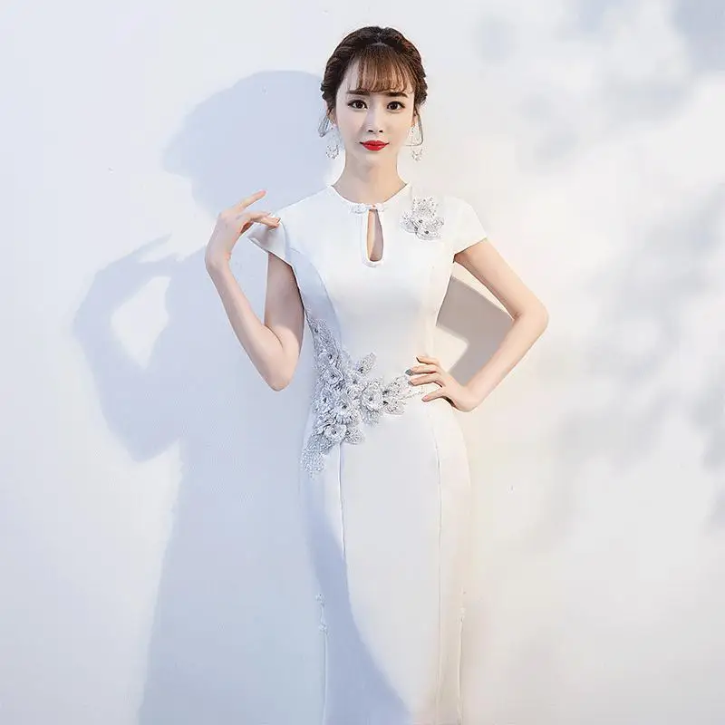 Платье русалки с расклешенными рукавами; китайское женское Qipao; большие размеры 3xl; вечернее платье-макси; винтажное платье на пуговицах с воротником-стойкой; Robe De Soiree - Цвет: White 3