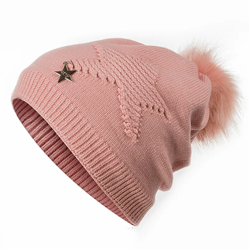 Новейшая женская теплая зимняя шапка с мехом, вязанная шапка с пятиконечной звездой, модная кепка с помпонами для женщин, Мягкие Шапки высокого качества