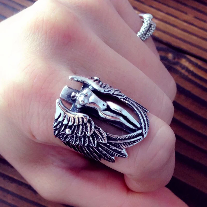 925 Sterling Silver Angel Wings Ring for Men Women Elegant Angle Modeling Thai Vintage Retro Charm Jewelry for Christian Holy