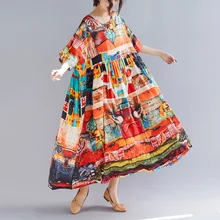 Johnature New Spring Summer Oversize Bohemia Casual Women Dresses Multi Color Print High Waist Long Dress