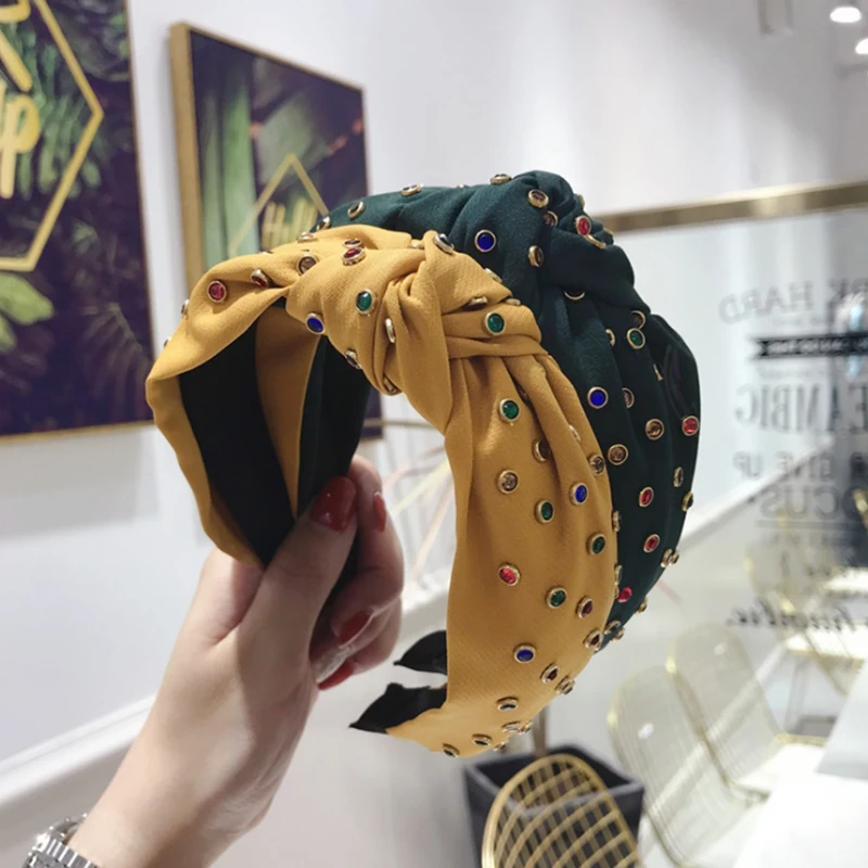 

Bohemian Summer Color Rhinestone Center Knot Wide Hairband Handmade Hairband Hair Accessories