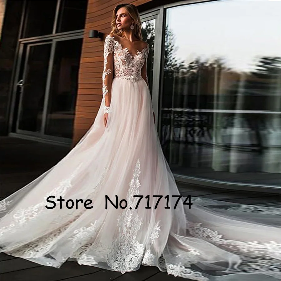 

Stunning Tulle Jewel Neckline A-line Wedding Dresses With Beaded Lace Appliques Long Sleeves Bridal Dress vestido de festa curto