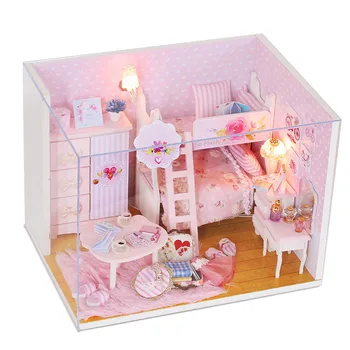 

Miniature Princess Girl Dollhouse Furniture Kits DIY Wooden Room Model Dolls House LED Lights Toys For Kids Birthday Xmas Gift