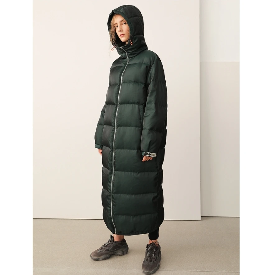

2018 New Collection special fabric shiny dark green simple long oversized white duck down jacket winter coat women