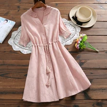 Mori Girl Sweet Dress 2018 New Summer V-Neck Vestidos Women’s Short-Sleeved Cotton and Linen Dresses Blue,Pink,Green S-XL