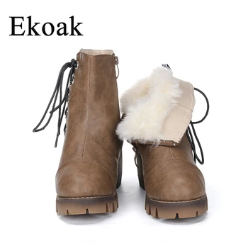

Ekoak Super Warm Women Snow Boots Fashion Plush Winter Boots Shoes Woman Ladies Lace-up Zipper High Heels Autumn Ankle Boots