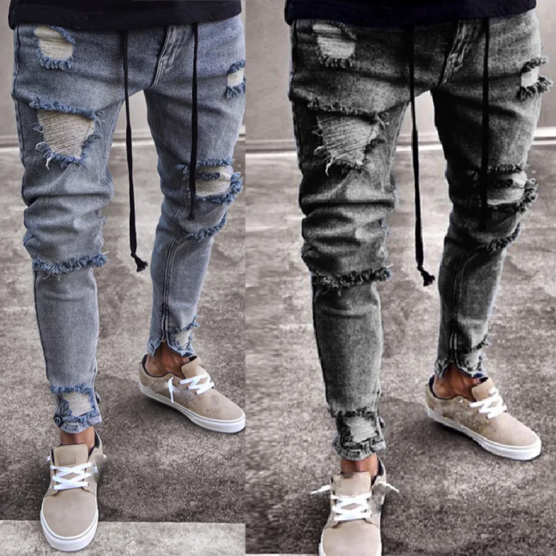 Джинсы Рваные Для Мужчин серый Проблемные хип-хоп мужские джинсовые штаны стретчевые джинсы плюс Размеры джинсы с рваной отделкой Для мужчин брюки