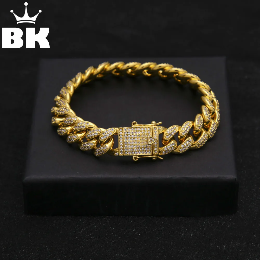 

13.5mm Copper Curb Cuban Bracelet Iced Out CZ 7inch /8inch Bracelet Gold Silver Color For Men Luxury Box Clasp Drop Shipping