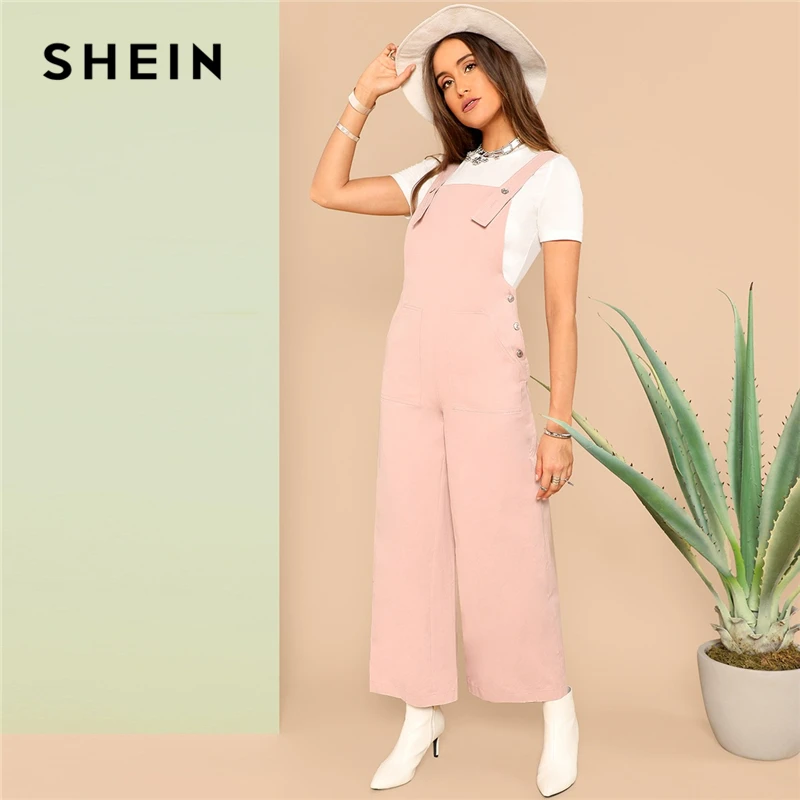 

SHEIN Preppy Pink Press Buttoned Detail Pinafore Wide Leg Jumpsuit Women Overall High Waist Spring Casual Solid Straps Jumpsuits