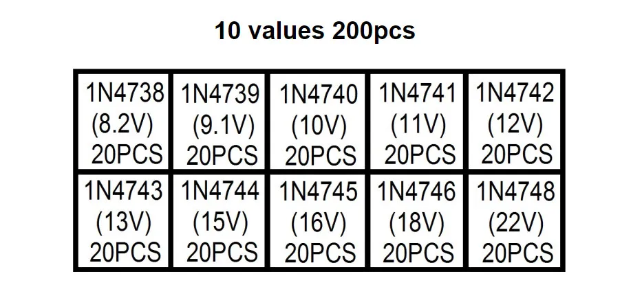 10 значений 200 шт. зенеровский диод ассортимент электронный комплект 1N4738 1N4739 1N4740 1N4741 1N4742 1N4743 1N4744 1N4745 1N4746 1N4748