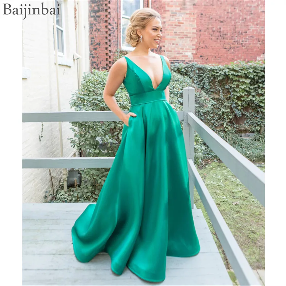 

Baijinbai Sexy A-line Deep V Neck Long Evening Dress robe de soiree Sleeveless Satin Formal Prom Dress with Pockets Gowns Zipper
