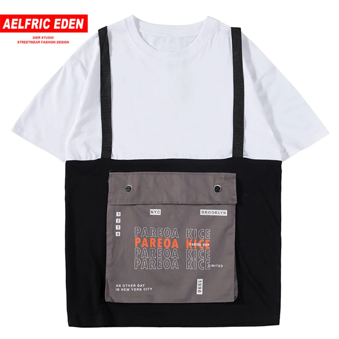 

Aelfric Eden Ribbon Big Pocket Cargo Patchwork T Shirt Men Hip Hop Casual Color Contrast Streetwear Harajuku tshirt couple tees