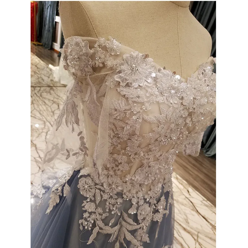robe de soiree longue Gray Print Floral Appliques Beaded Evening Dresses Long 2017 Off The Shoulder Formal Dresses Evening Gowns