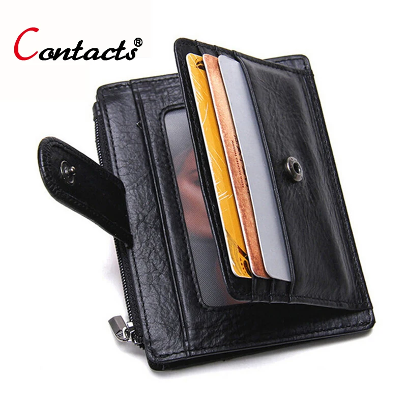 

CONTACT'S Genuine Leather Men Wallets Short Credit Card Holder Women Coin Purse Super Thin Card Wallet Dollar Price Black Unisex