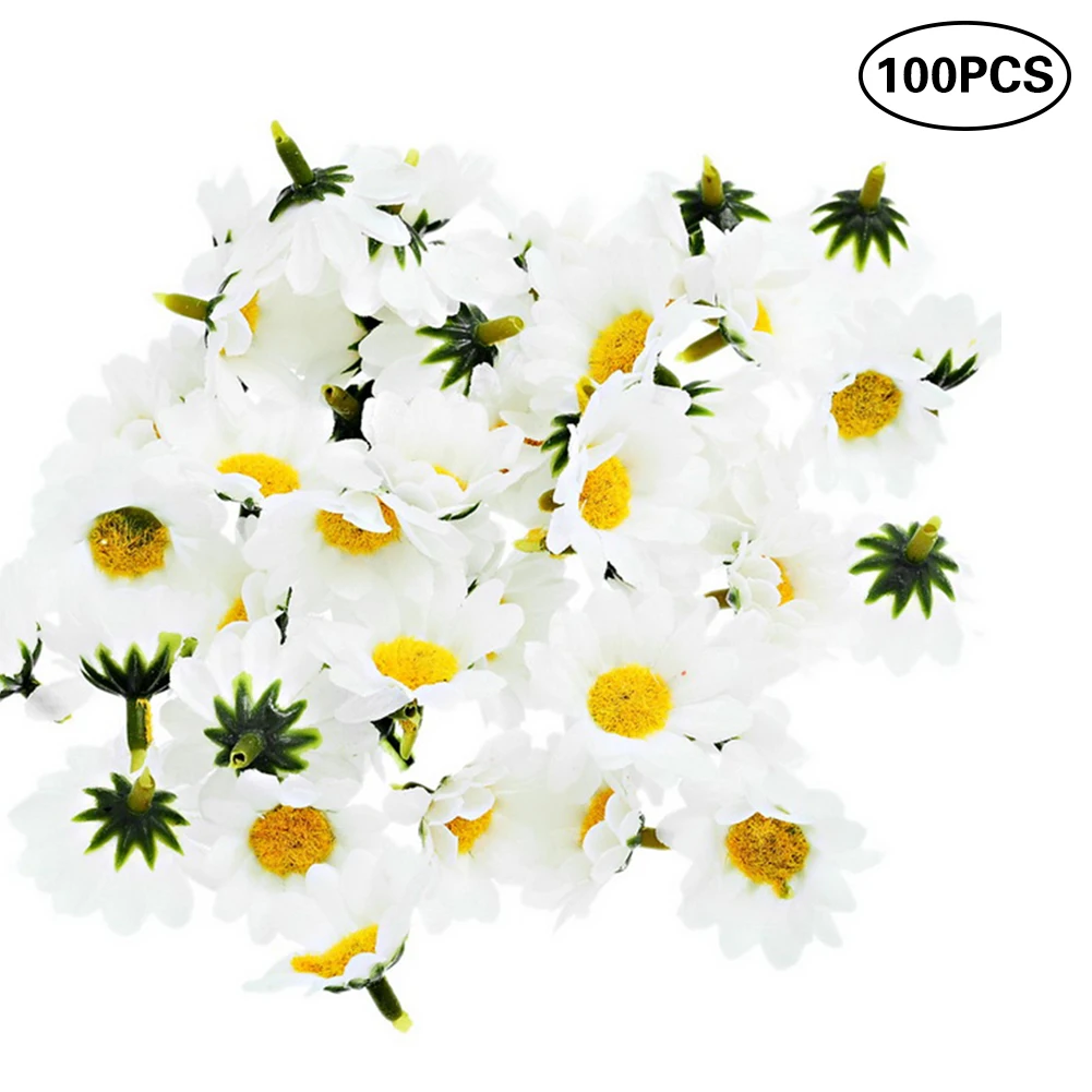 

100 Pcs Artificial Daisy Flowers Simulation Flowers Fake Daisy Heads With Yellow Core For Scrapbooking Handicraft, Wedding Decor