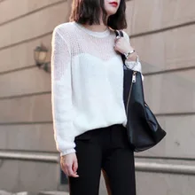 Скидка в весенне-осенне-зимний перспективный комплект свободный открытый свитер с длинными рукавами сексуальный трикотаж круглый воротник