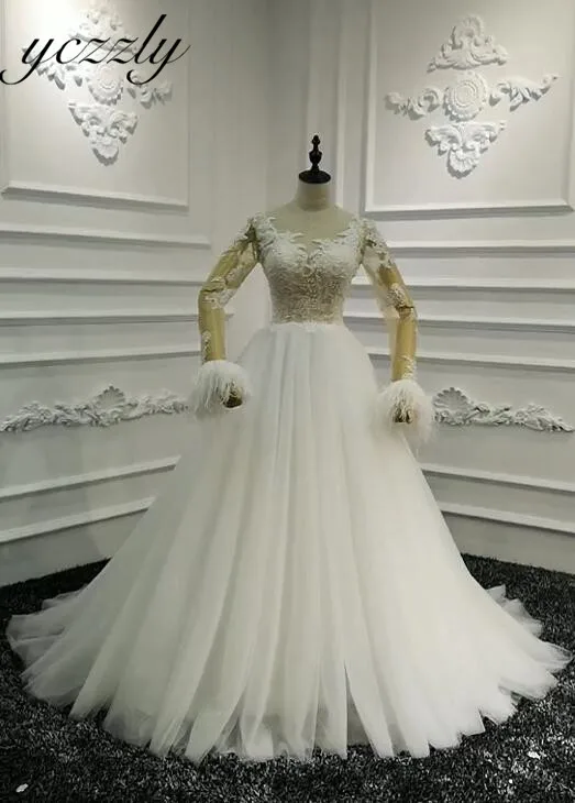 Vestido De Noiva, сексуальное бальное платье, аппликационные Жемчужины для кружева, свадебные платья большого размера, с длинными рукавами, страуса, свадебное платье