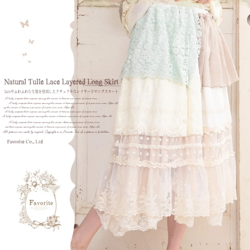 

Mori Girl Pleated Tulle Lace Flower Skirt Women Hollow Lace Laye Ruffle Loose Cotton Patchwork Female Mesh Lolita Skirts A114