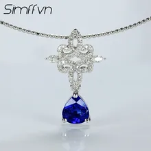 Simffvn Halo 0.96CT Round Cut 18k White Gold Natural Blue Pear Shape Sapphires Gemstone Anniversary Wedding Necklace For Women