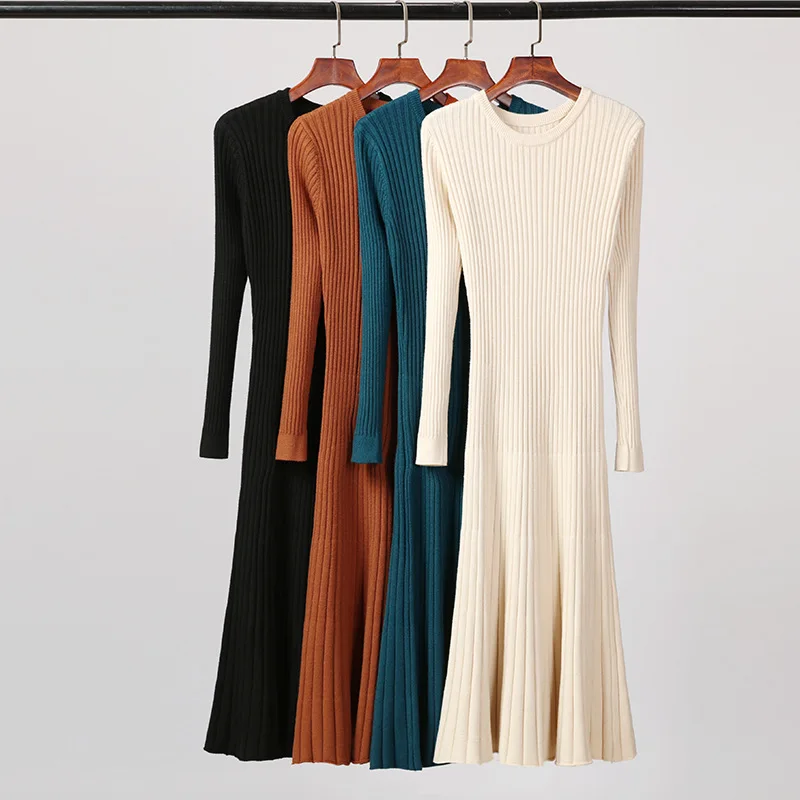 

SINGRAIN Knitted dress women striped knit dress long midi vestidos winter warm tricots female loose knitwear sweater dress