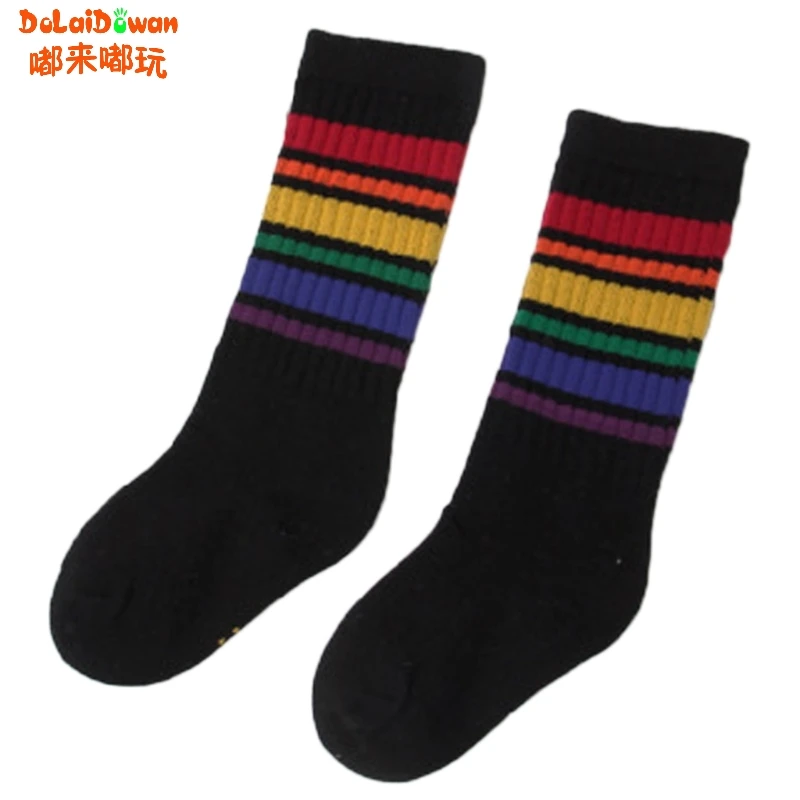 Детские футбольные носки полосатые разноцветные радужные Гольфы хлопковые школьные белые длинные носки для девочек, детские гетры - Цвет: M