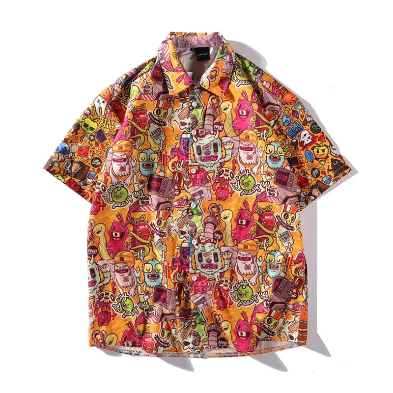 Aolamegs мужские рубашки с забавным мультяшным забавным принтом, мужские рубашки, тонкие рубашки с коротким рукавом в уличном стиле, летняя уличная одежда - Цвет: Orange