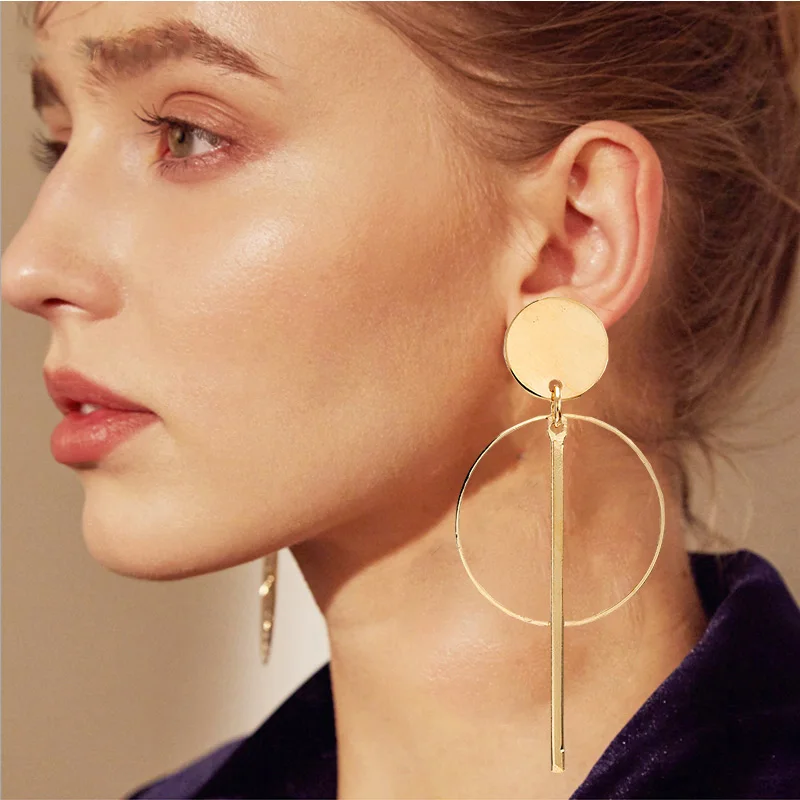 

Simple fashion gold color Silver plated geometric big round earrings for women fashion big hollow drop earrings For girl Gifts