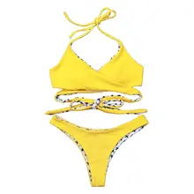 Womens Sexy Two Piece Bikini Set Halter Deep V-Neck Twist Wrap Front Bra Low Waist Thong Cross Symbols Printed Color Block Rever Womens Sexy Two Piece Bikini Set Halter Deep V-Neck Twist Wrap Front Bra Low Waist Thong Cross Symbols Printed Color Block Rever