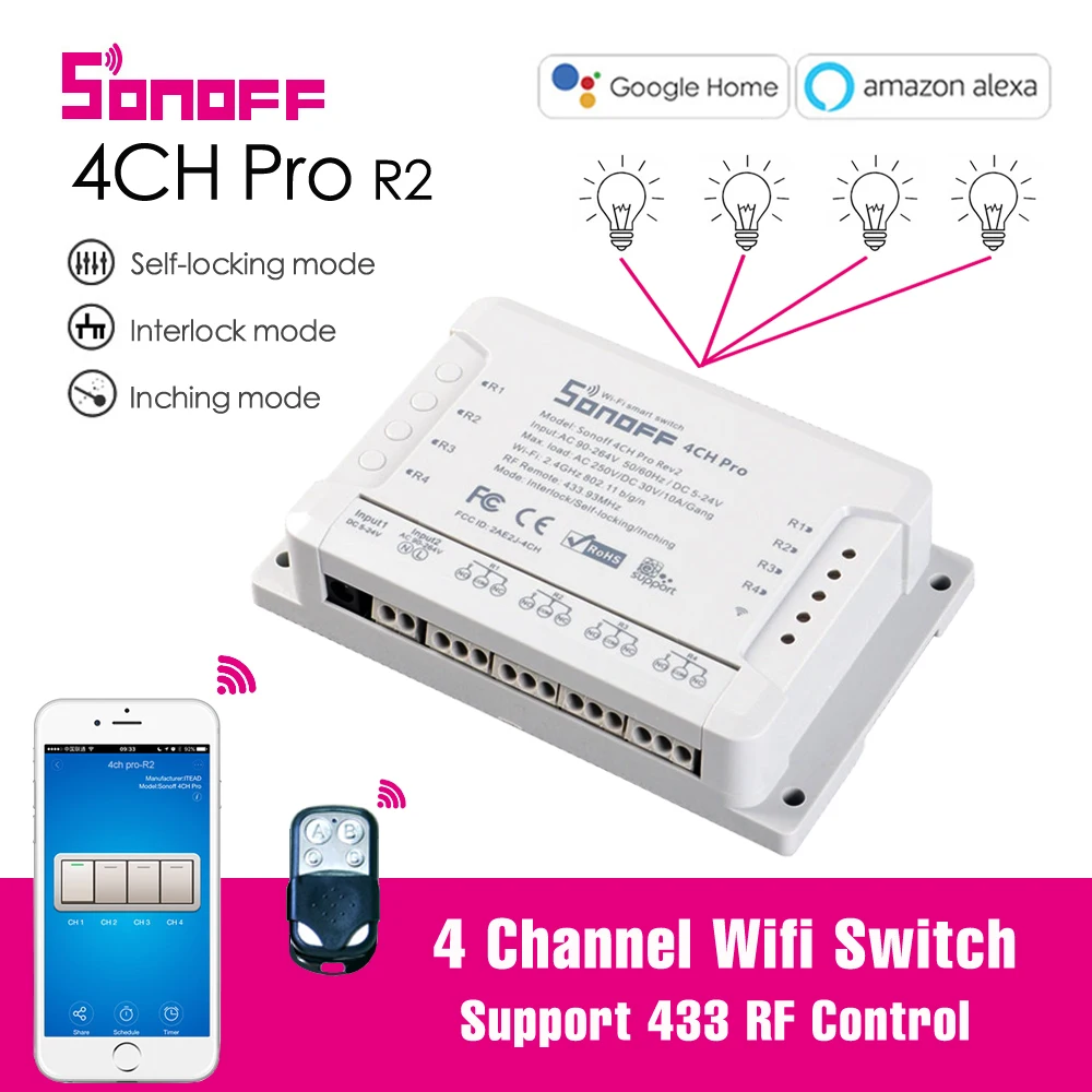 Sonoff 4CH Pro R2 Smart Wifi Relay Switch Module 4 Channel 433 RF