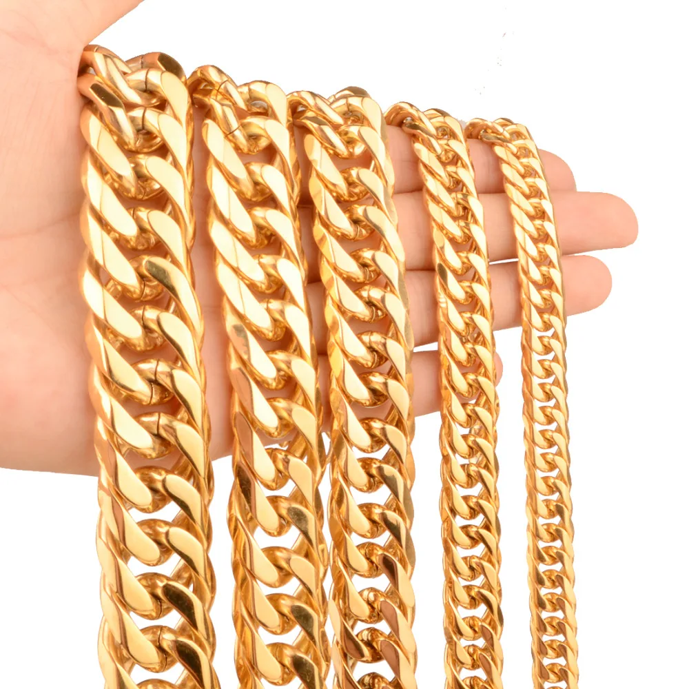 

9/11/13/16/19/21mm Stainless Steel Gold Tone Cuban Curb Link Chain Necklace Or Bracelet Jewelry For Men 7-40" Free Customized