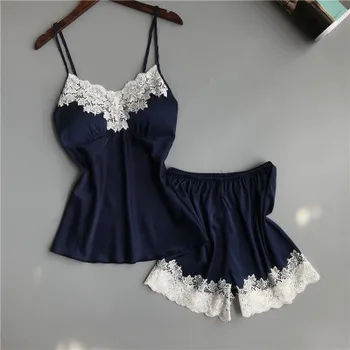

Daeyard Summer Pajamas Sleepwear for Women Sexy Sleeveless Spaghetti Strap Nightwear Lace Trim Satin Cami Top Shorts Pajama Sets