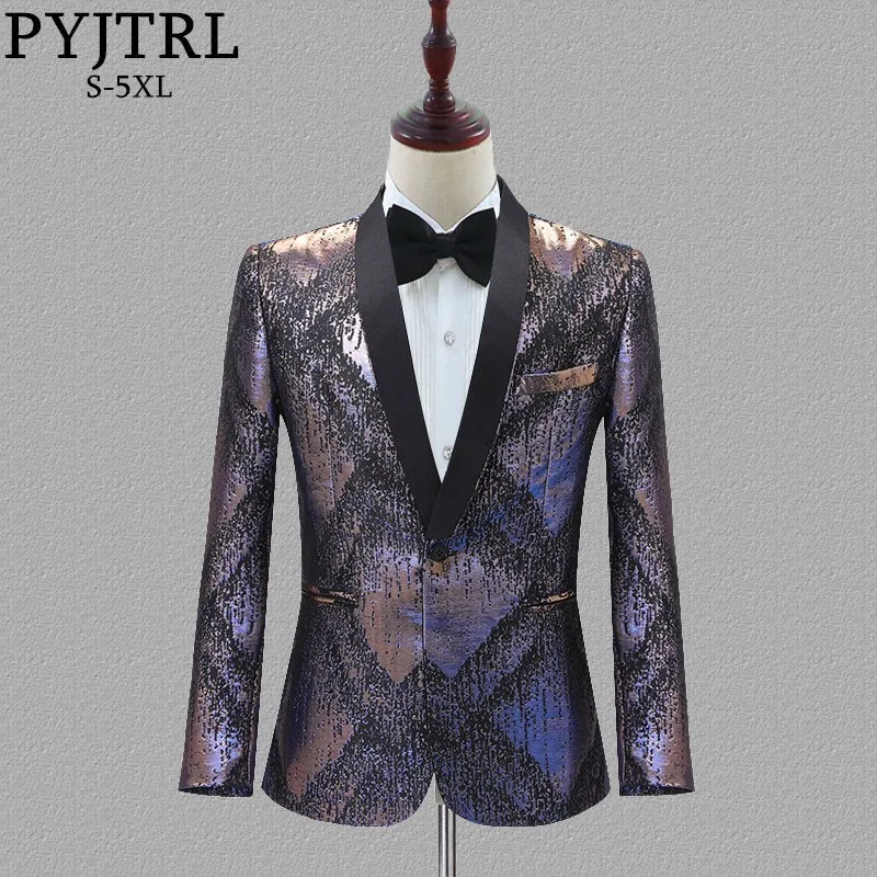 

PYJTRL Mens Colorful Jacquard Geometry Pattern Slim Fit Blazers Singers Stage Costume Prom Dress Suit Jacket Fashion Coat Homme
