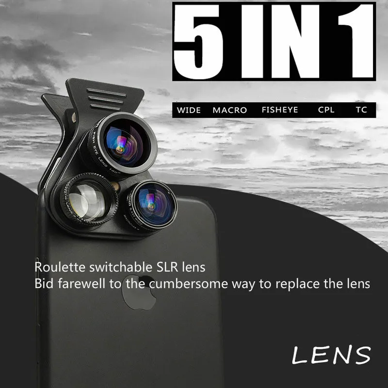 

Universal Mobile Phone Fisheye Lens Telephoto Wide-angle Lens Macro Polarized External Camera Five In One Mobile Phone Lens