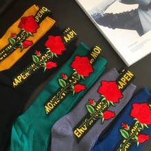 Лидер продаж; модные носки в Корейском стиле; женские носки с вышивкой розы; модные хлопковые носки; персонализированные Носки ярких цветов ручной работы