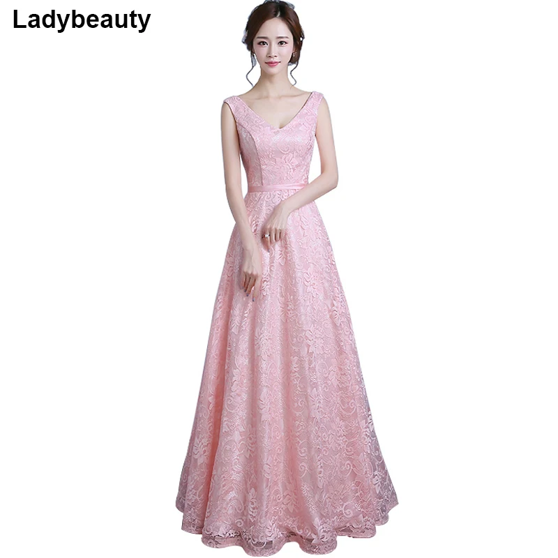 

Real Photo 2017 Long Evening Dress Vestido de Festa A-line Lace gown V-neck dress robe de soiree Party Prom Dress
