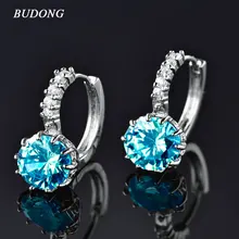 BUDONG Luxury Hoop Earrings for Women Silver Color Light Blue/Red/Green Round 9 colors Cubic Zircon Wedding Jewelry XUE005