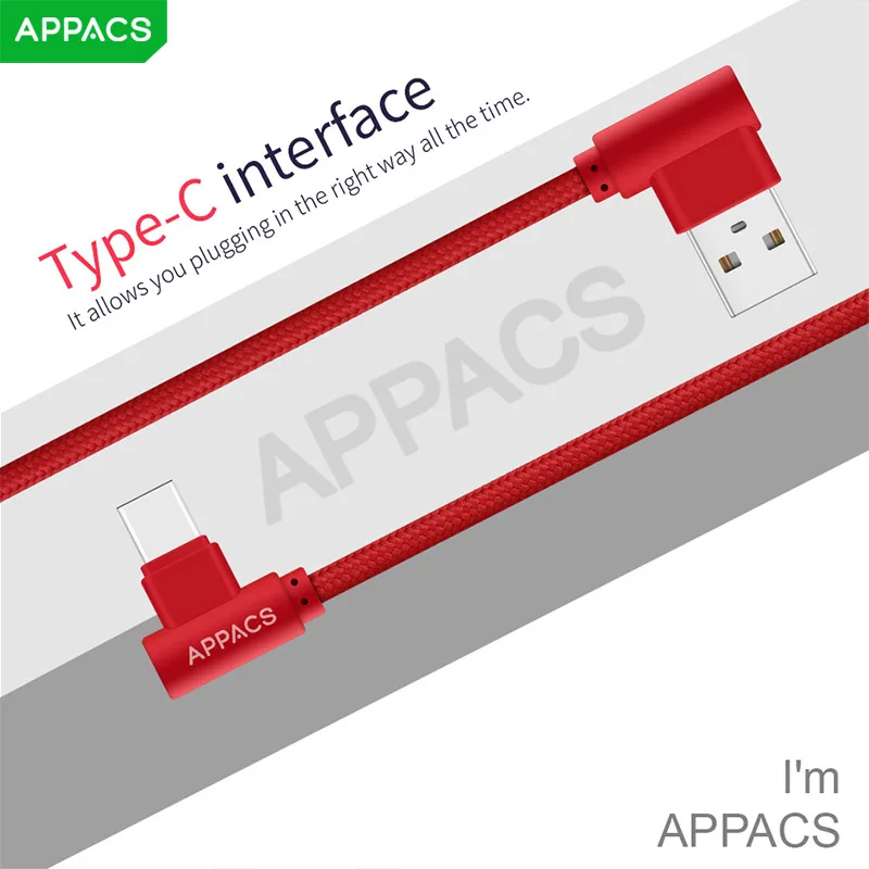 APPACS, 3 упаковки, кабель для мобильного телефона, usb type-C, кабель для быстрой зарядки 90 градусов, USB-C для samsung, huawei, нейлоновый шнур для передачи данных для зарядки