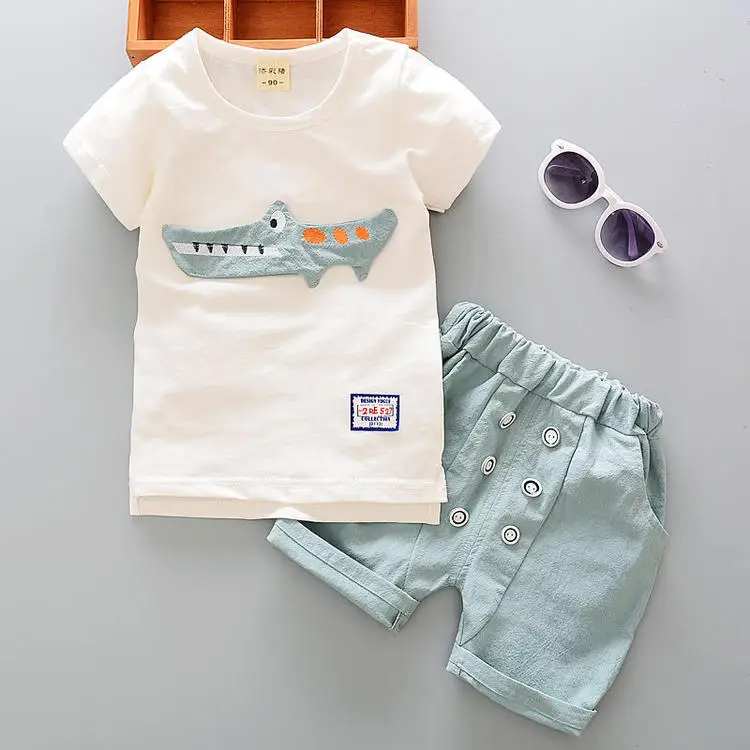 Летние футболки для мальчиков Одежда для младенцев, мальчиков, комплект одежды из бутика детская одежда наряд футболка с крокодилом+ шорты - Цвет: Green