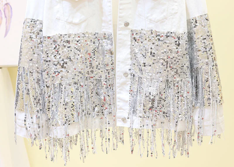 coréen Printemps Nouvelle Lâche White Femmes De Filles Longues Vestes À Denim Gland Automne Paillettes 2019 Lourd Manches noir Dames Trou Veste tqpwPdExt