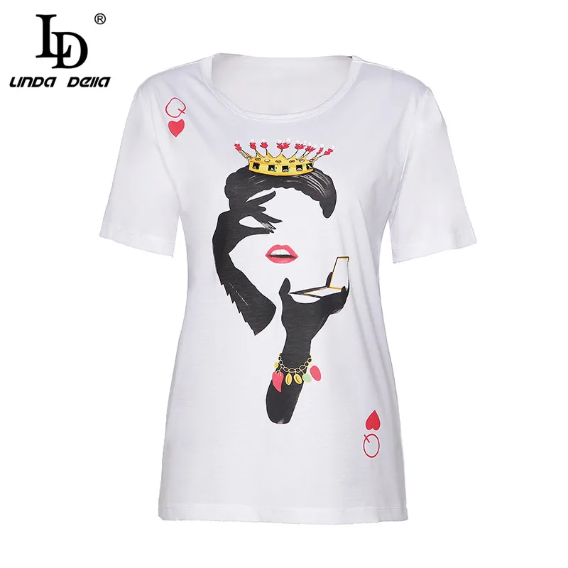 

LD LINDA DELLA Summer Fashion Runway Cotton T shirt Women's High Quality Top Queen Printed Crown Crystal Beading Casual T shirt