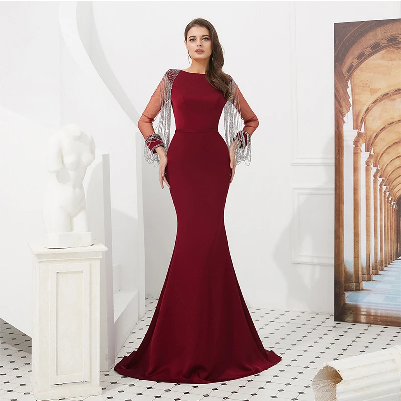 

Top Quality Burgundy Evening Dresses Mermaid Style Illusion Long Sleeves Tassel Beading Formal Party Evening Gown robe de soiree