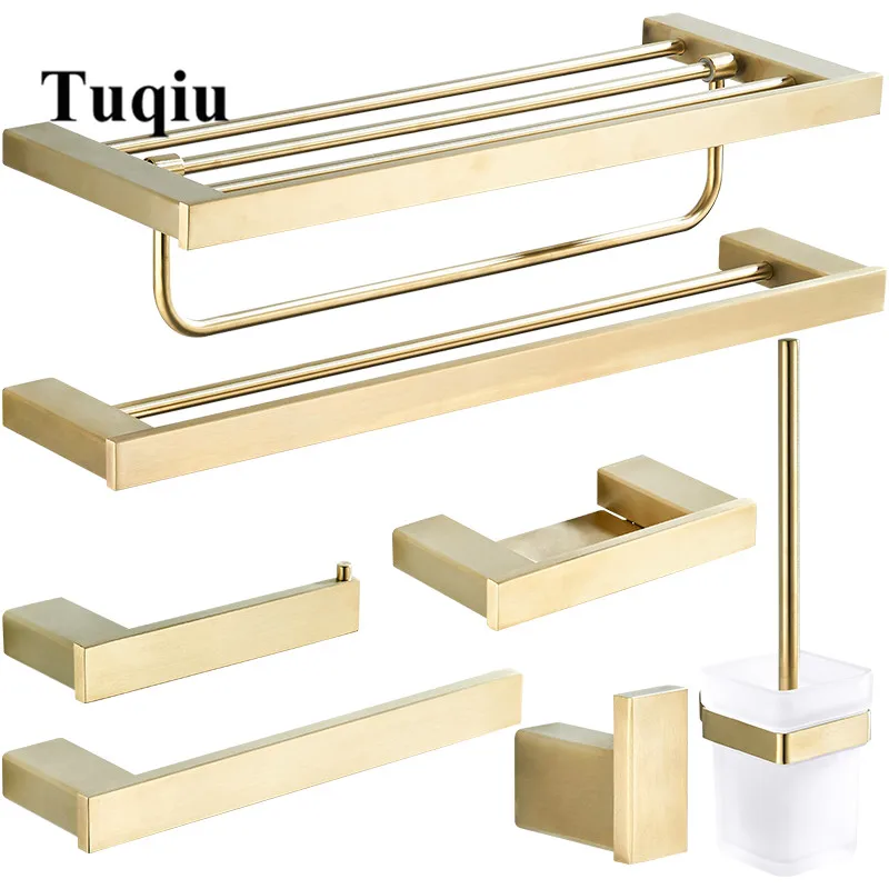 Billige Badezimmer Zubehör Set Handtuch Rack Ecke Regal Papier Halter küche mischer Becken Wasserhahn Gebürstet Matt Gold Bad Hardware set