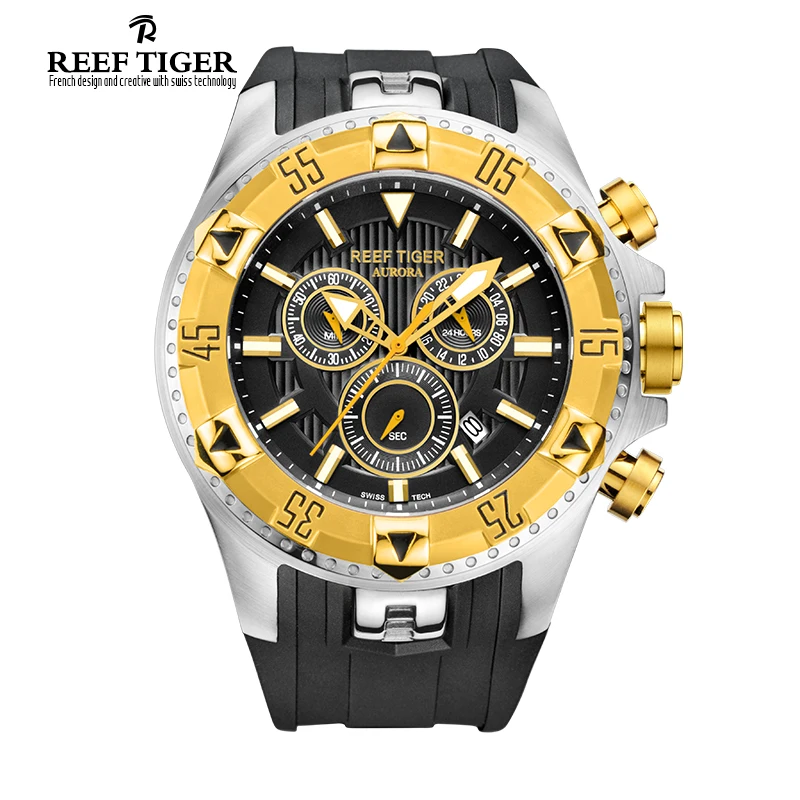 Reef Tiger Fashion Men Sports Quartz Watches with Chronograph Date Big Dial Super Luminous Steel Yellow Gold Stop Watch RGA303
